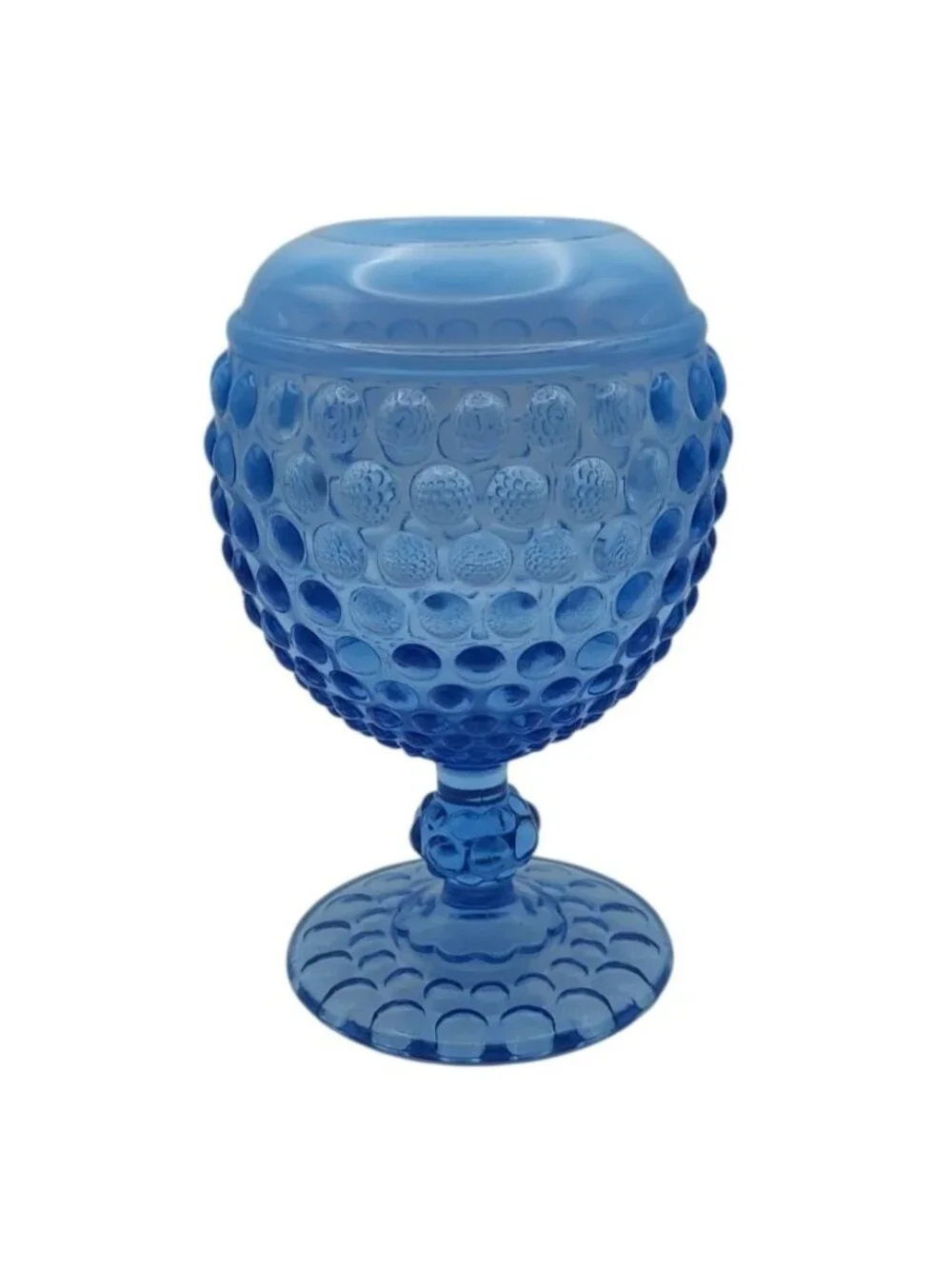 Imperial Glass Ball Pedestal Vase Blue Opalescent Hobnail Rose Bowl Vintage